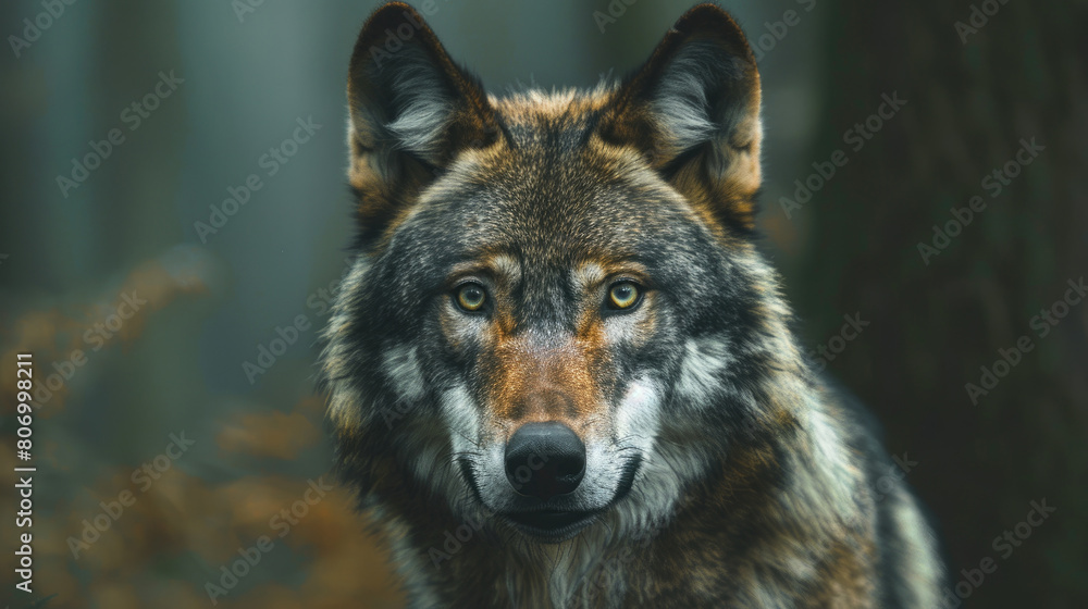 A majestic wolf standing in the forest, looking directly at the camera with focused eyes