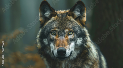 A majestic wolf standing in the forest  looking directly at the camera with focused eyes