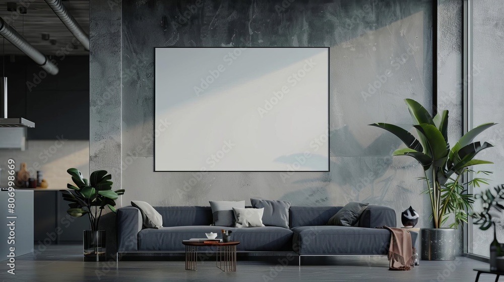 Fototapeta premium stylish modern living room with blank poster on concrete wall kitchen in background interior design concept illustration