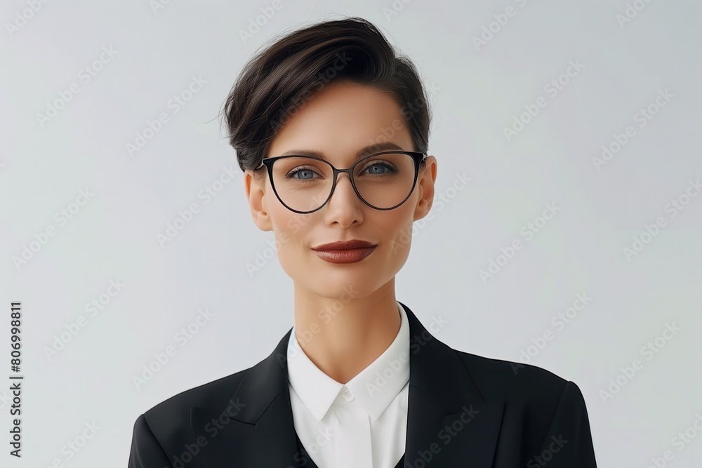 Young businesswoman in classic black attire and round glasses, offering a friendly smile against a blurred office backdrop. Young businesswoman in classic black attire and round glasses, offering a friendly smile against a blurred office backdrop.