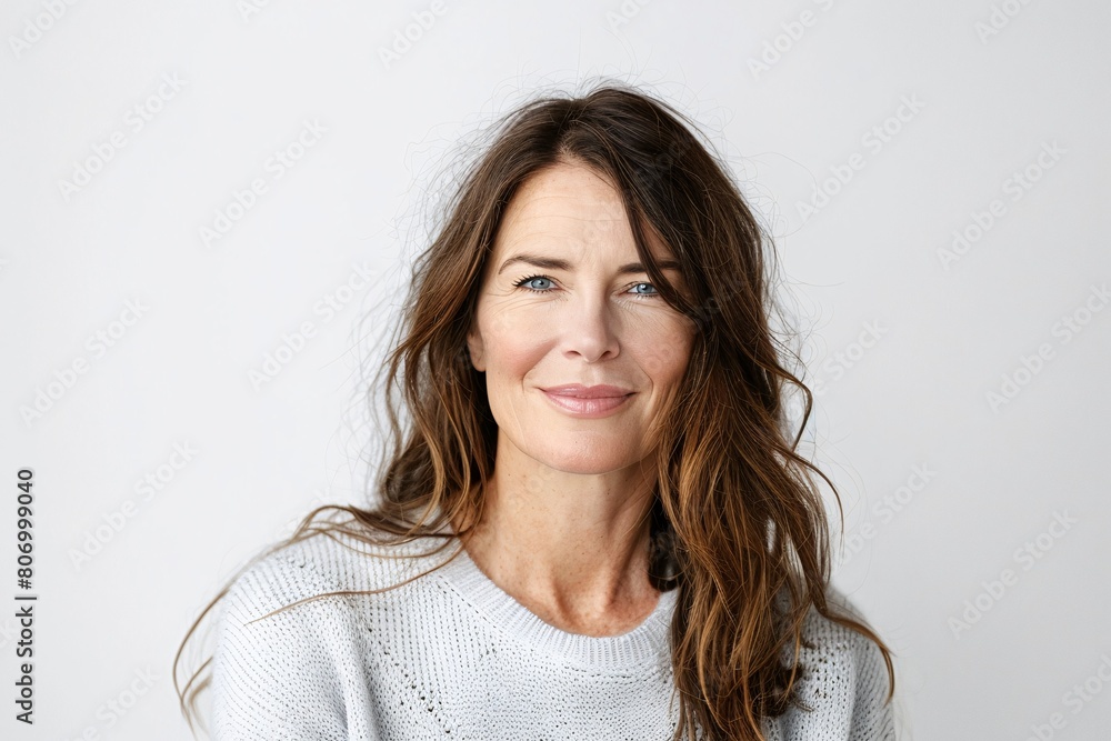 Confident Mature Woman in White Sweater Smiling on a Plain Background Confident Mature Woman in White Sweater Smiling on a Plain Background