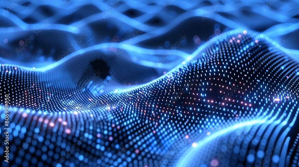 Abstract Digital Waves and Particles Glowing on a Dark Background