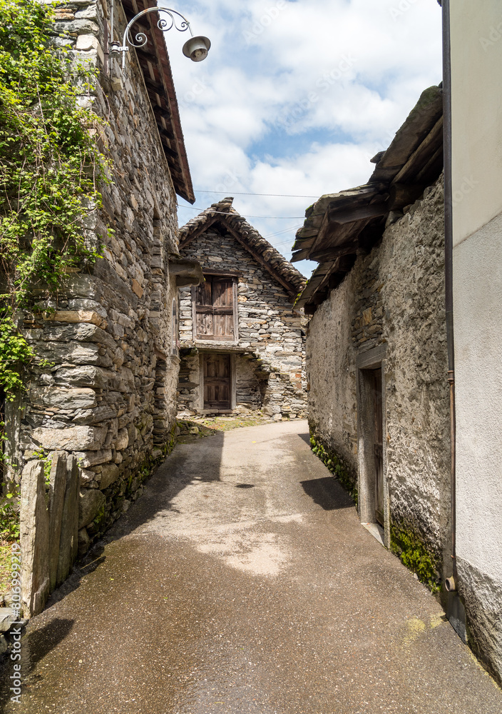 Ancient village Moghegno with rustic stone houses, hamlet of Maggia in the Canton of Ticino, Switzerland