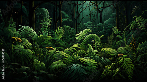 Fern Forest: Depict unfurling fronds in a shaded glade.