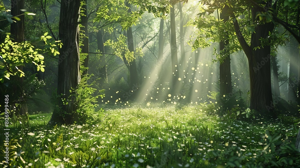 Obraz premium tranquil sundappled forest glade serene nature landscape with lush greenery and magical atmosphere