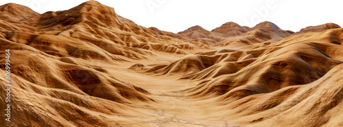 Desert landscape with rugged mountains and rolling sand dunes cut out on transparent background