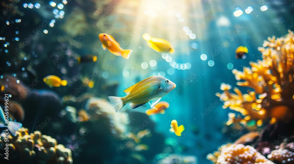 Obraz premium tropical fish swimming in coral reef with sunlight refraction underwater