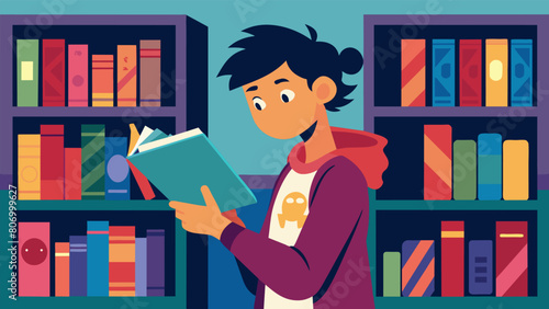 A teenager browsing the graphic novel section eagerly discovering new stories and art at the local library..