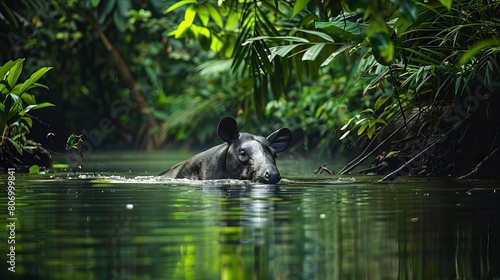 A Malayan tapir enjoying a peaceful bath in a tropical stream, surrounded by lush greenery photo