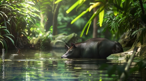 A Malayan tapir enjoying a peaceful bath in a tropical stream, surrounded by lush greenery photo