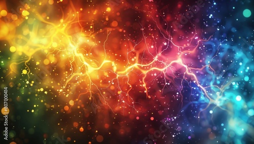 Abstract representation of neuropathic pain, with electrical sparks emanating from nerve endings in vibrant colors. photo