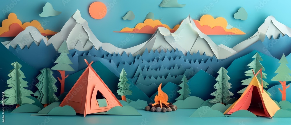 Enter the enchanted world of a paper art styled mountain camp scene, where tents and campfires invite adventure, perfect for outdoor and adventurethemed banners Enter the enchanted world of a paper art styled mountain camp scene, where tents and campfires invite adventure, perfect for outdoor and adventurethemed banners