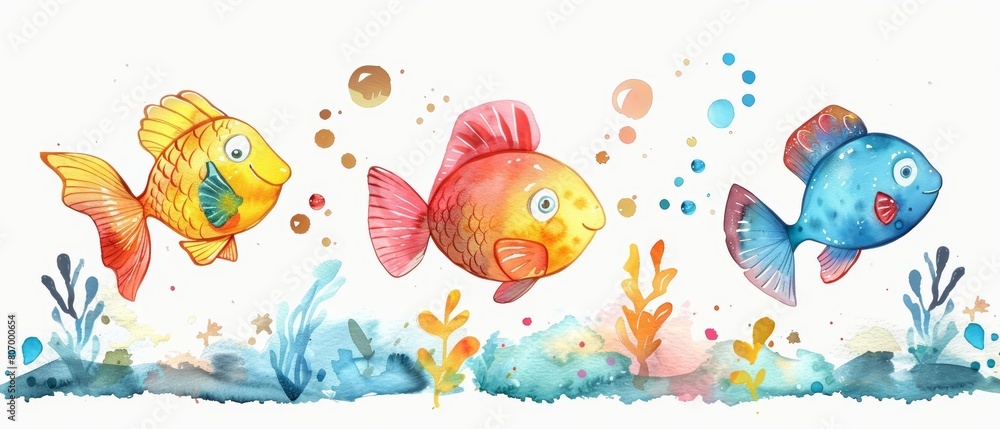 Fototapeta premium Exotic underwater creatures are illustrated in a cute creative cyber minimal charismatic watercolor painting