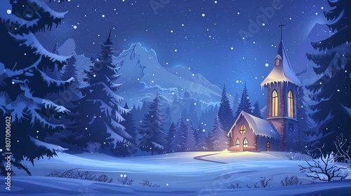 winter landscape with church in snowy forest at night atmospheric concept illustration