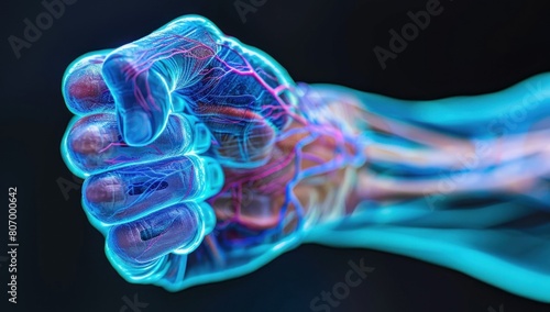 Close-up of a clenched fist, with tendons highlighted in blue to depict rheumatoid arthritis pain. photo