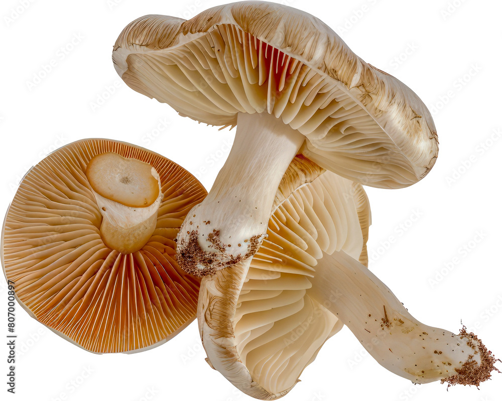 Close-up of wild mushrooms with delicate gills cut out on transparent background Close-up of wild mushrooms with delicate gills cut out on transparent background
