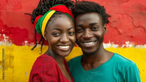 young africanamerican couple celebrating juneteenth freedom day with vibrant red yellow green and black colors photo