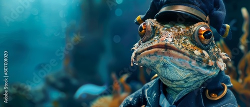 Featuring a closeup halfbody of a charismatic aquatic animal in a sailors outfit photo