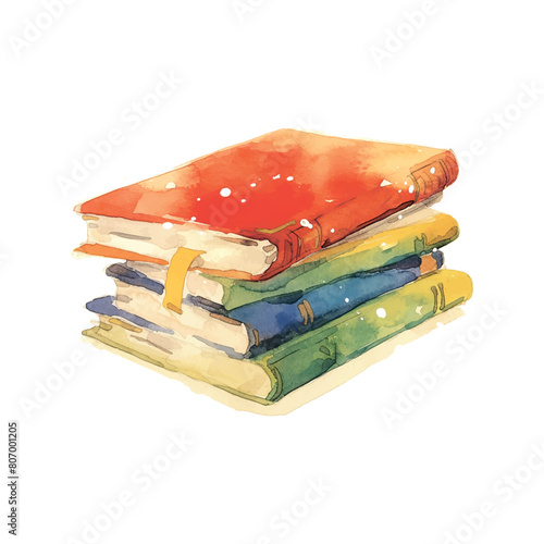 A stack of books with a red book on top. The books are in different colors and sizes