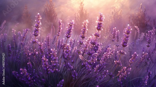 A field of lavender in bloom. The sun is rising over the horizon  casting a warm glow over the flowers. The air is filled with the sweet scent of lavender.