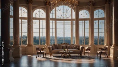 Experience the grandeur of a room adorned with elegant columns and a generous window, blending classical design with modern comfort and style. photo