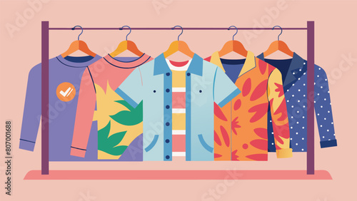 An artistic clothing rack featuring handpainted denim jackets tiedye tees and patchwork skirts.. Vector illustration