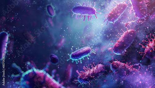 Immerse in the details of microbiology with an illustration showcasing bacteria in the context of microorganisms and resistance, Sharpen banner template with copy space on center © JK_kyoto