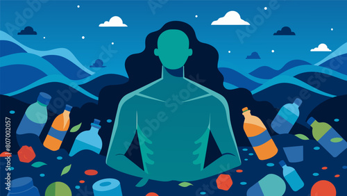 A sculpture of a person drowning in a sea of plastic bottles highlighting the devastating impact of pollution on marine life..