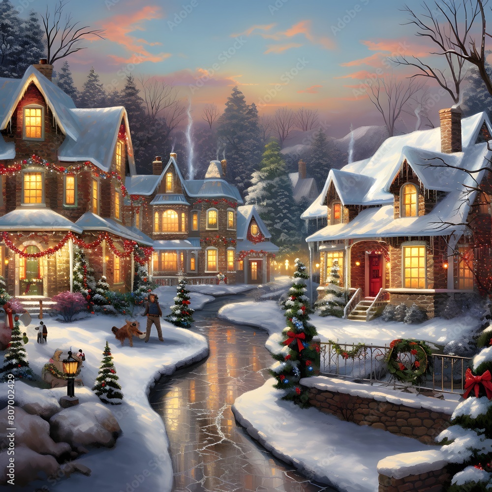 Winter village with snow covered houses and Christmas decorations. Digital painting.