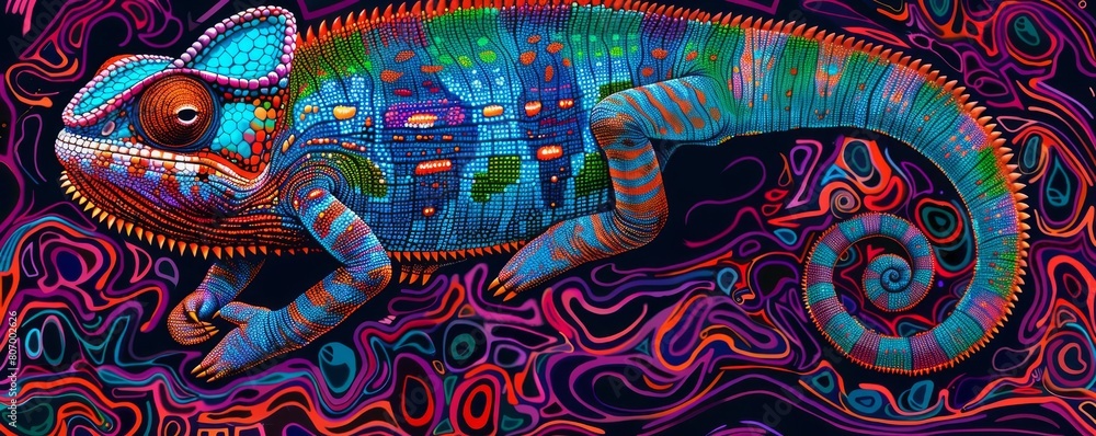 A brilliantly colored chameleon blending seamlessly into a psychedelic, patterned background