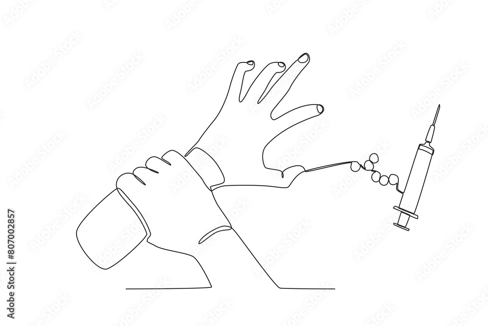 Obraz premium Single continuous line drawing of Hands holding back from injecting drugs. anti dryg day. Medical healthcare conceptual. National Pharmacist Day. Vector illustration 