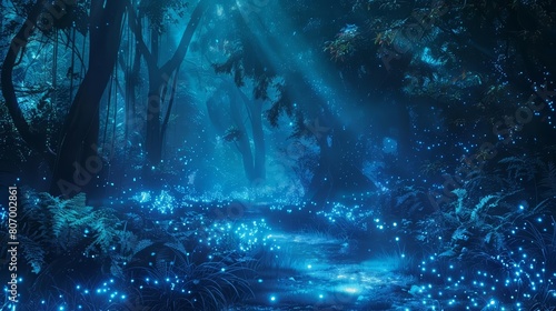Magical forest filled with bioluminescent plants lights up the night, Sharpen banner template with copy space on center © JK_kyoto
