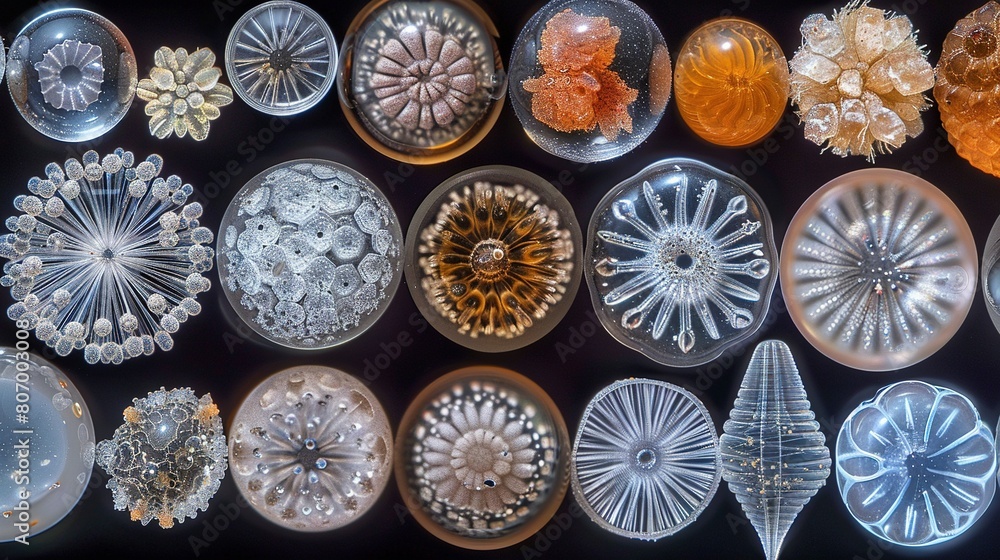 Fototapeta premium A set of glass plates aligned on a black table with various shaped objects scattered around