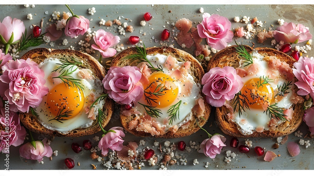   Three slices of bread with eggs placed atop and pink flowers arranged beside each slice