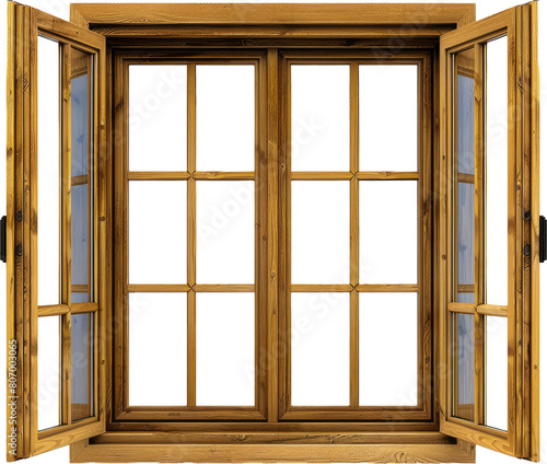 Wooden double door window with open shutters cut out on transparent background