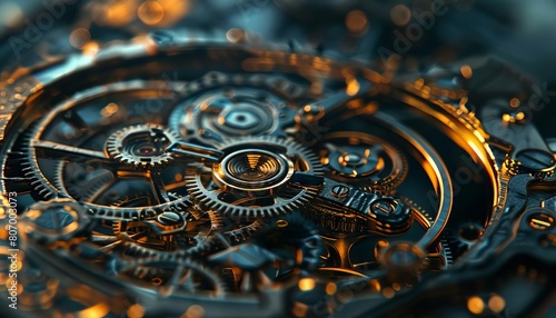 A closeup of a complex watch movement, gears reflecting the changing light of day and night