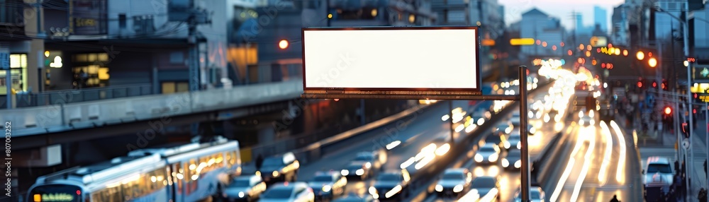Overlooking a bustling metro intersection, the creative white blank mockup serves as a landmark for navigation, white blank poster billboard Sharpen with large copy space