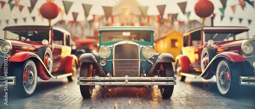 Organize a vintage car show using the Creative template of classic automobiles displayed against a backdrop of oldfashioned banners photo