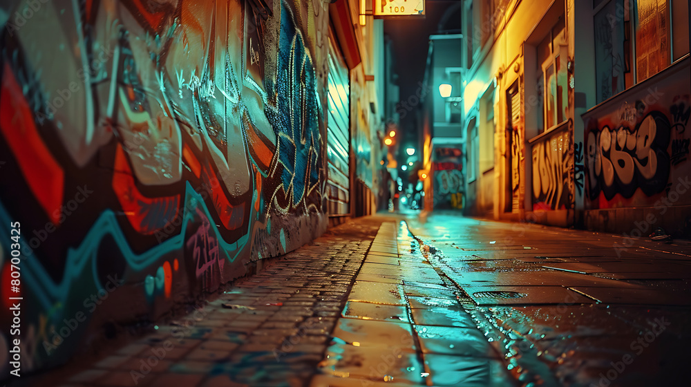 Fototapeta premium Street art and graffiti, urban expression of creativity, dynamic and bright display of colors and patterns on a large wall, big city street, generative ai