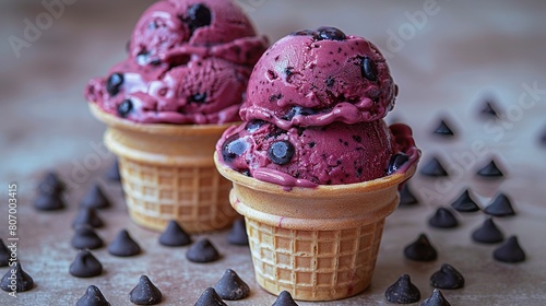   Two ice cream cones  topped with blueberries and chocolate chips  sit on a table amidst a scattering of chocolate chips