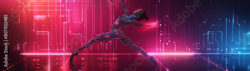 Capture a cybernetic ballet dancer executing a flawless pirouette, showcasing intricate circuitry under a neon backlight for a high-tech meets elegance vibe