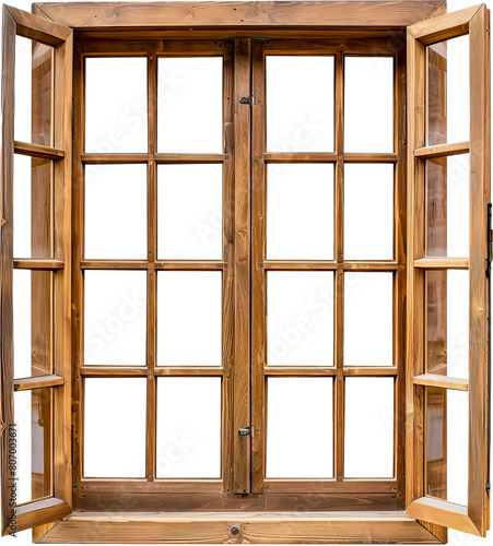 Wooden double door window with open shutters cut out on transparent background