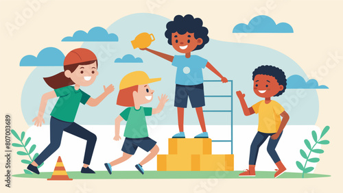 With their coachs support and encouragement a group of children with varying abilities work together to complete an obstacle course designed to boost. Vector illustration