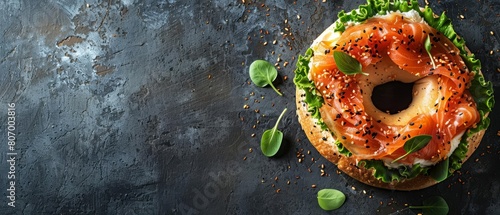 Relish the taste of a New Yorkstyle bagel, generously topped with cream cheese and salmon, with a solid background and copy space on center for advertise