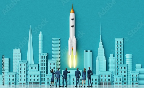 Business people watching a successful rocket launch in the City, new business, new company startup concept