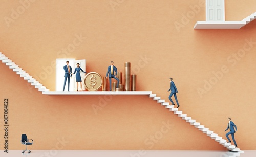 Businessman stay next to golden coins,  financial advise, investment and banking service career concept. Abstract business environment with stairs 