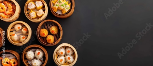 Sample traditional Chinese dim sum, a variety of steamed and fried delicacies, with a solid background and copy space on center for advertise