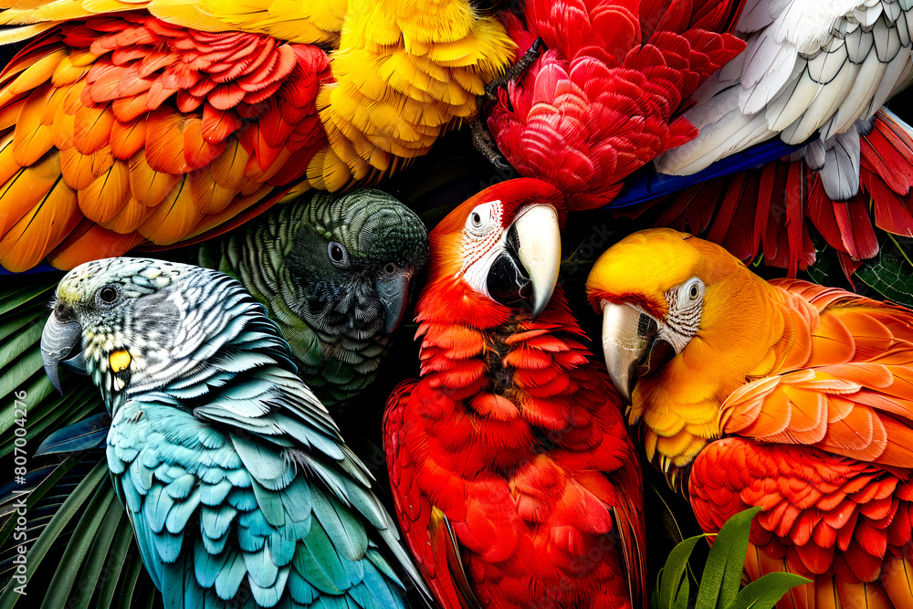 Obraz premium Group of colorful parrots sitting next to each other on table.