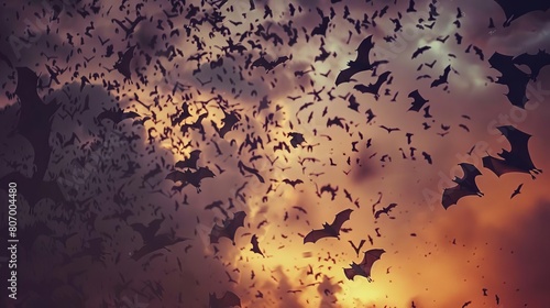 A colony of bats emerging at dusk from an abandoned factory, forming swirling patterns in the twilight sky photo