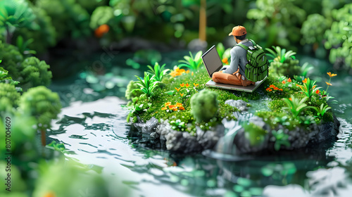 Biologist Using Laptop to Analyze Flora Diversity in Wetland Surrounded by Greenery 3D Icon in Isometric Scene